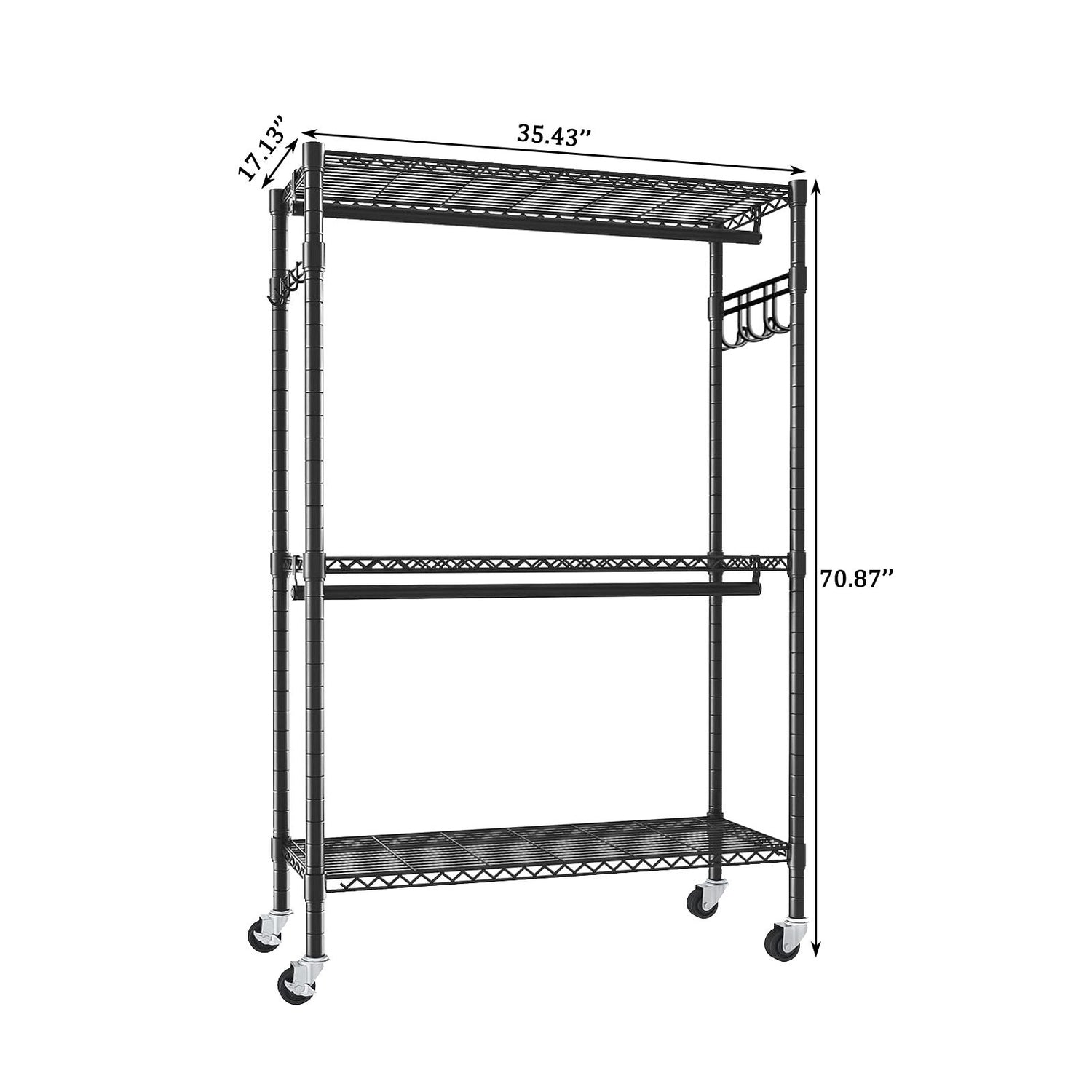 Heavy Duty Rolling Clothes Rack With 3 Tier Shelves, 2 Rails &amp; Side Hooks, Adjustable Freestanding Organizer Metal - Black
