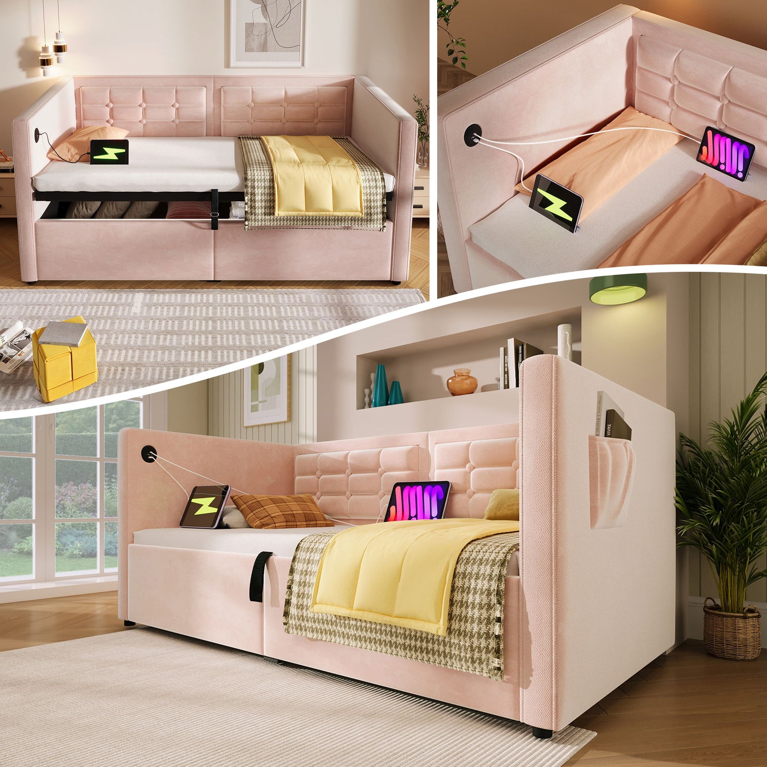 Upholstered Hydraulic Storage Daybed With USB &amp; Type C Charging