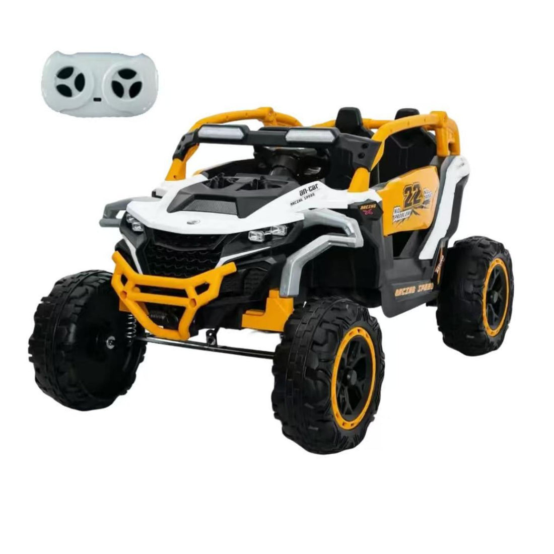 Ride On Models 12V Kids Electric Truck With Remote Control, Front &amp; Rear Suspension, 2 Seater UTV, Flashlights, Music Player - Yellow / White