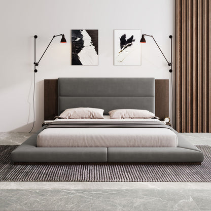 Floor Upholstered Platform Bed With Extended Headboard &amp; Bedside Shelf