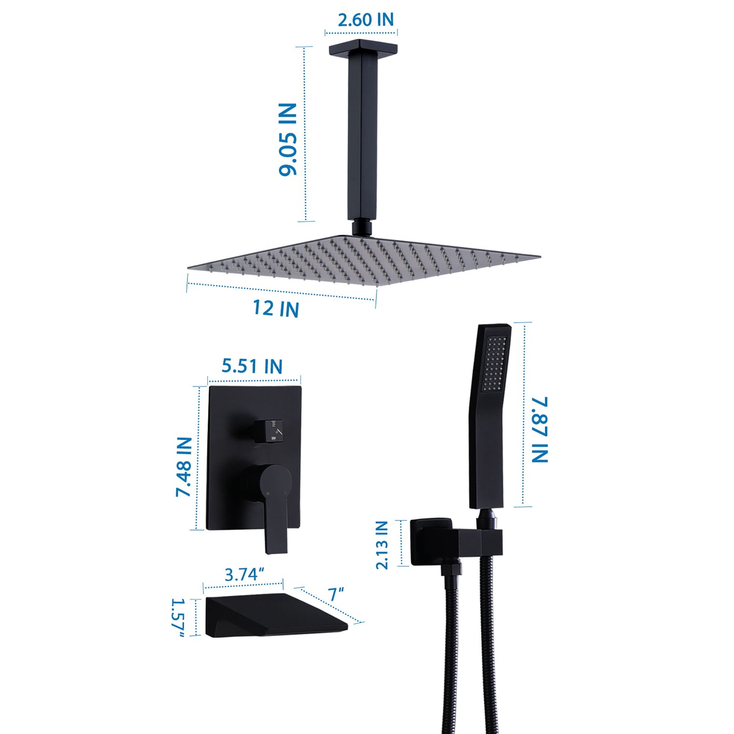 Contemporary Shower System With 12&quot; Rainfall Head And Handheld Spray, Wall Mounted