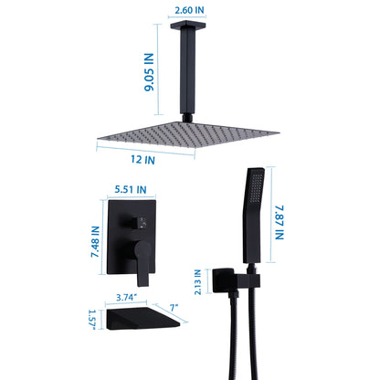 Contemporary Shower System With 12&quot; Rainfall Head And Handheld Spray, Wall Mounted