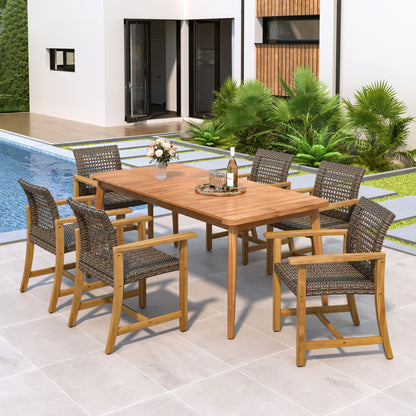 7 Piece Patio Dining Set, Slatted Table &amp; 6 Chairs For Patio Garden - Mocha / Teak