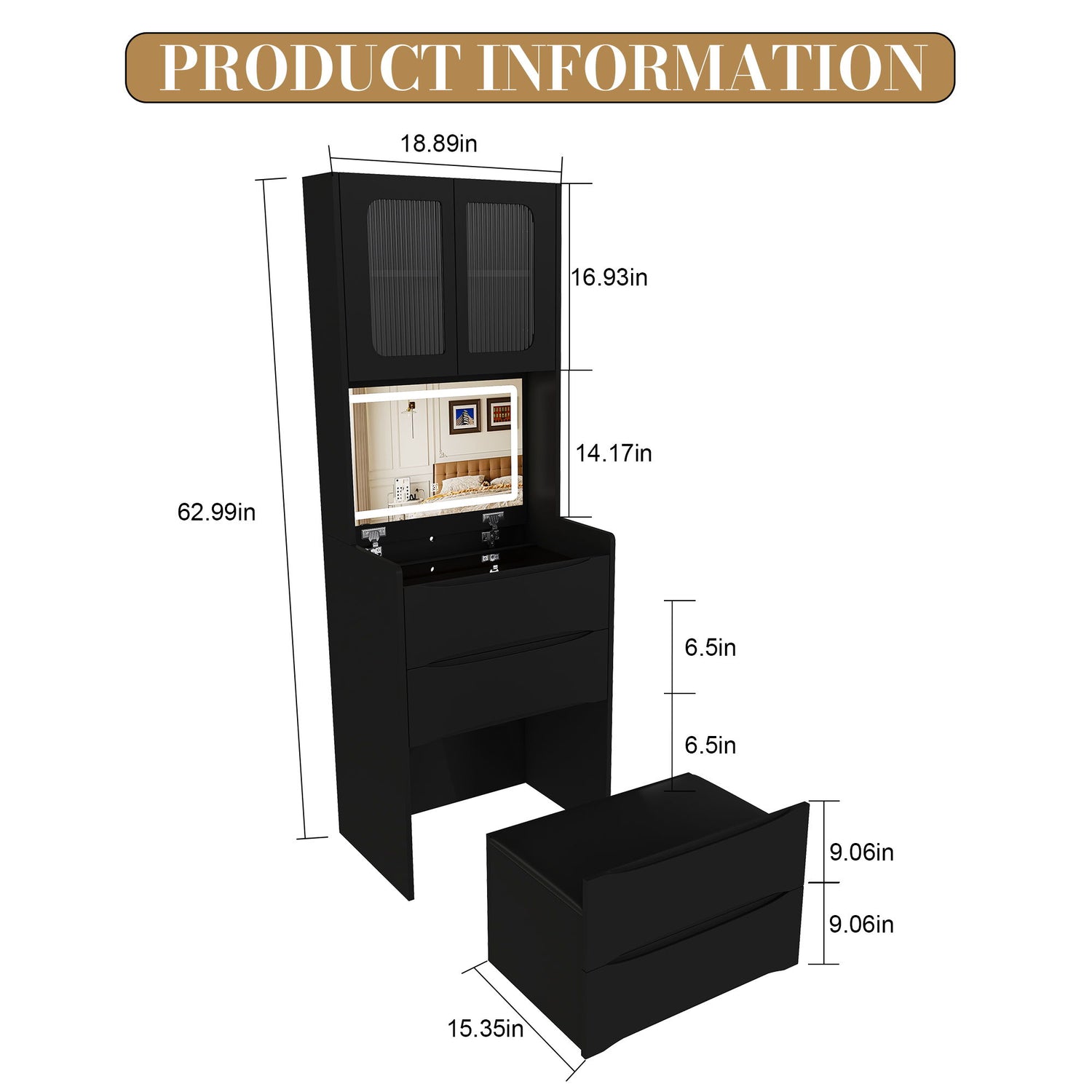 3 In 1 Vanity Table With LED Mirror &amp; Storage Stool For Bedroom