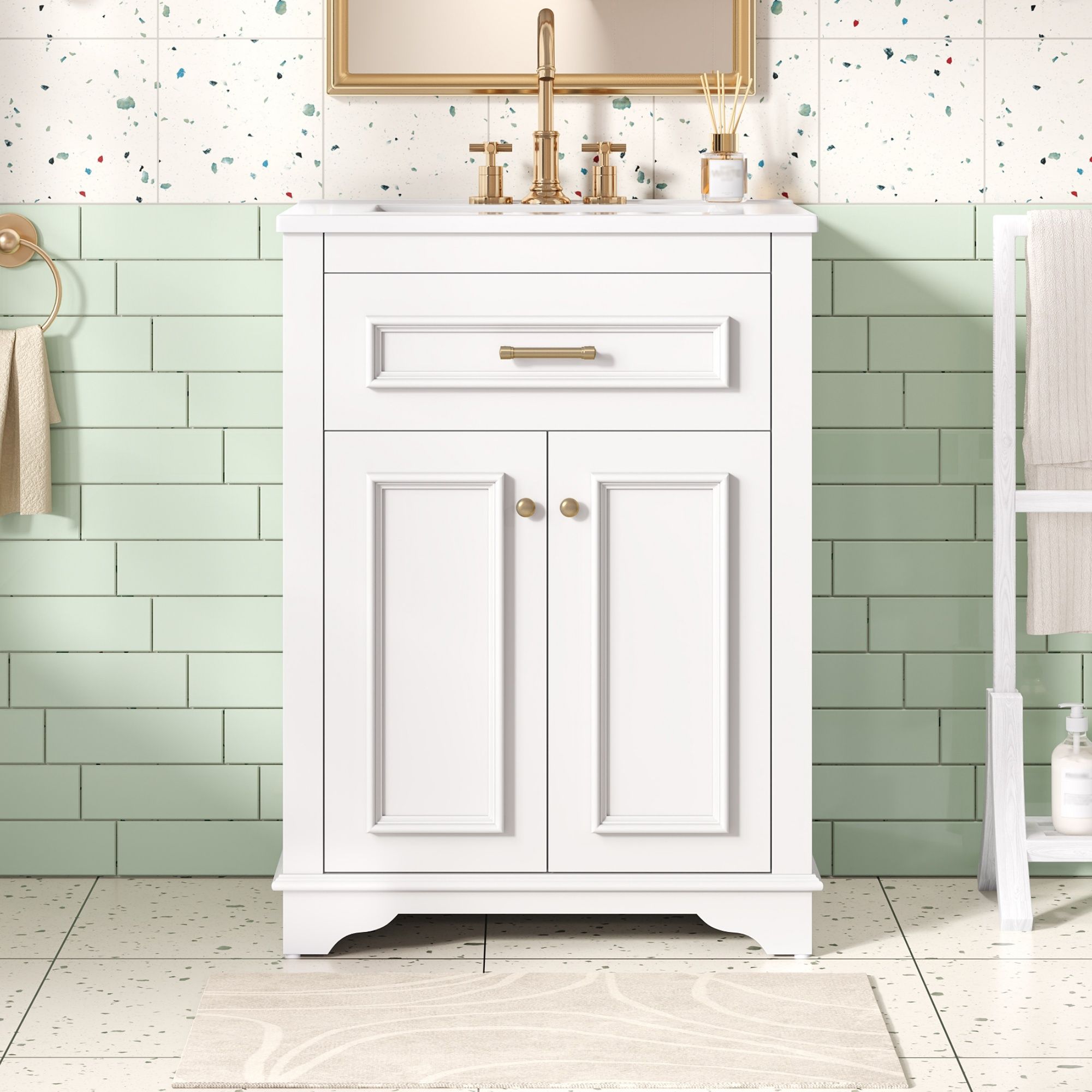 Bathroom Vanity With Integrated Sink, 2 Door Cabinet With Tip Out Drawer, Rectangular Design