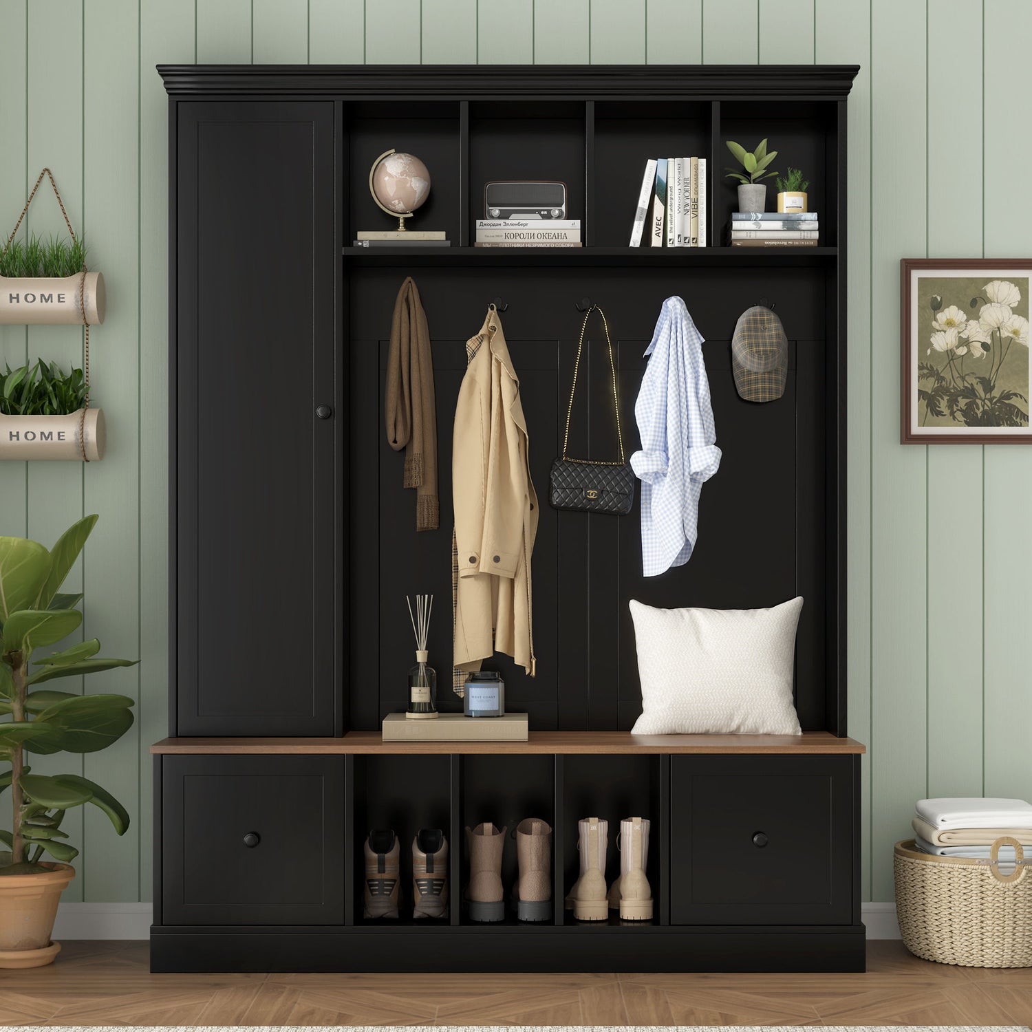 Hall Tree With Shoe Storage Bench, Entryway Coat Rack With 5 Hooks