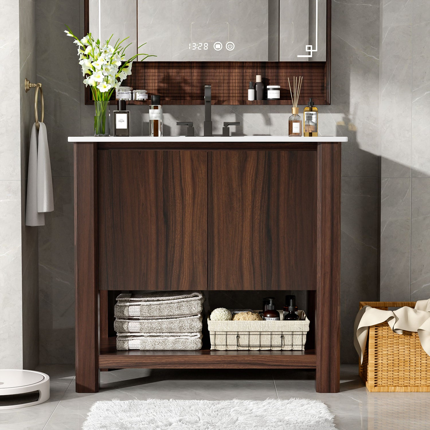 36&quot; Modern Bathroom Vanity With Rectangle Ceramic Sink, Bathroom Cabinet And 45 Degrees Free Handle Design Soft Closing Doors, 1 Open Shelf At The Bottom - Dark Brown