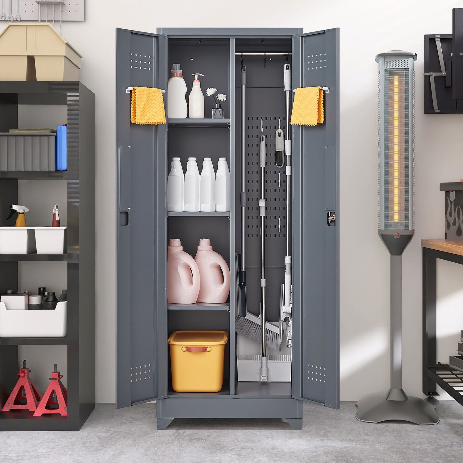 Heavy Duty Storage Cabinet With Locking Doors, Hanging Rod &amp; Shelves, Broom Closet - Gray