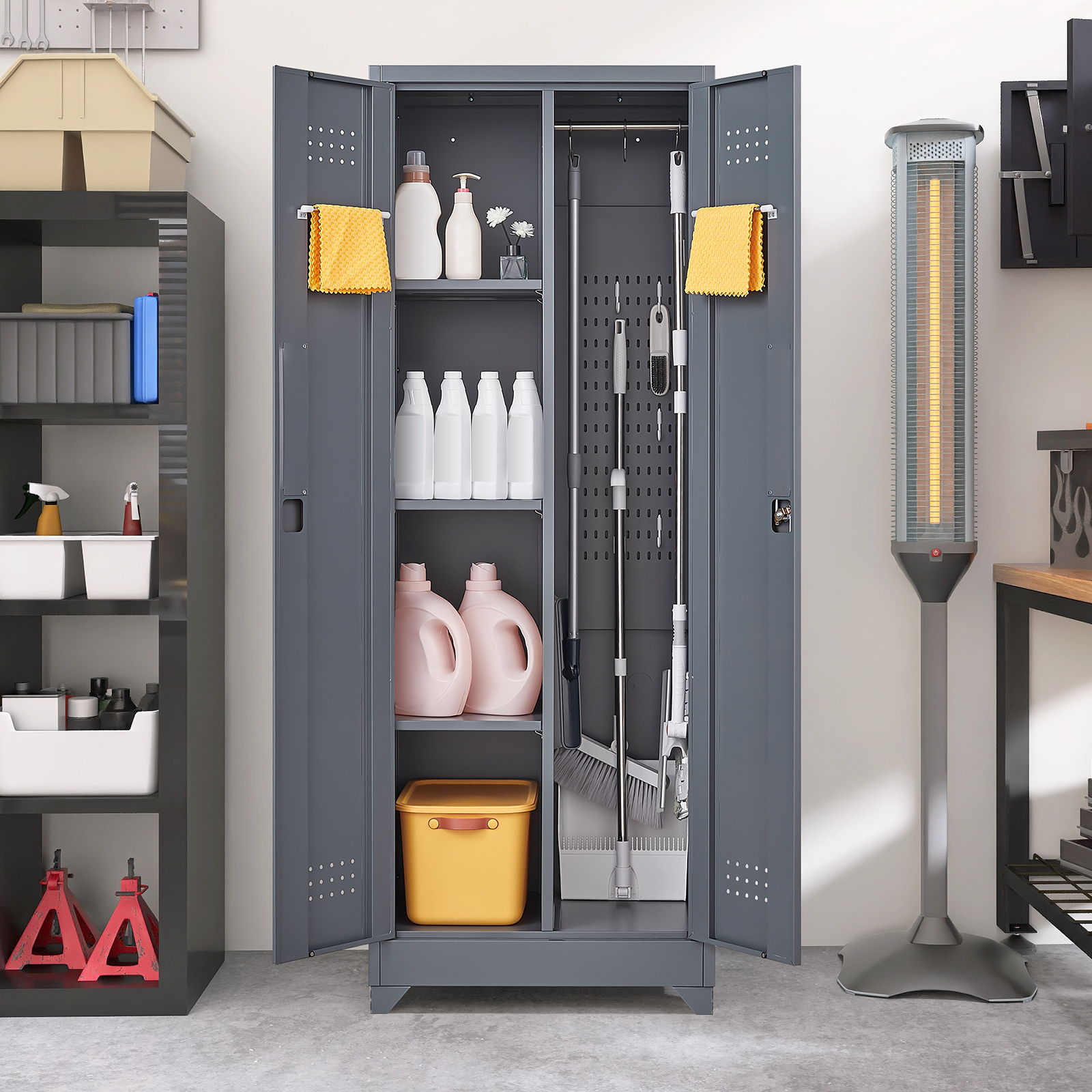 Heavy Duty Storage Cabinet With Locking Doors, Hanging Rod &amp; Shelves, Broom Closet - Gray
