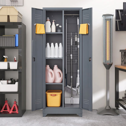 Heavy Duty Storage Cabinet With Locking Doors, Hanging Rod &amp; Shelves, Broom Closet - Gray