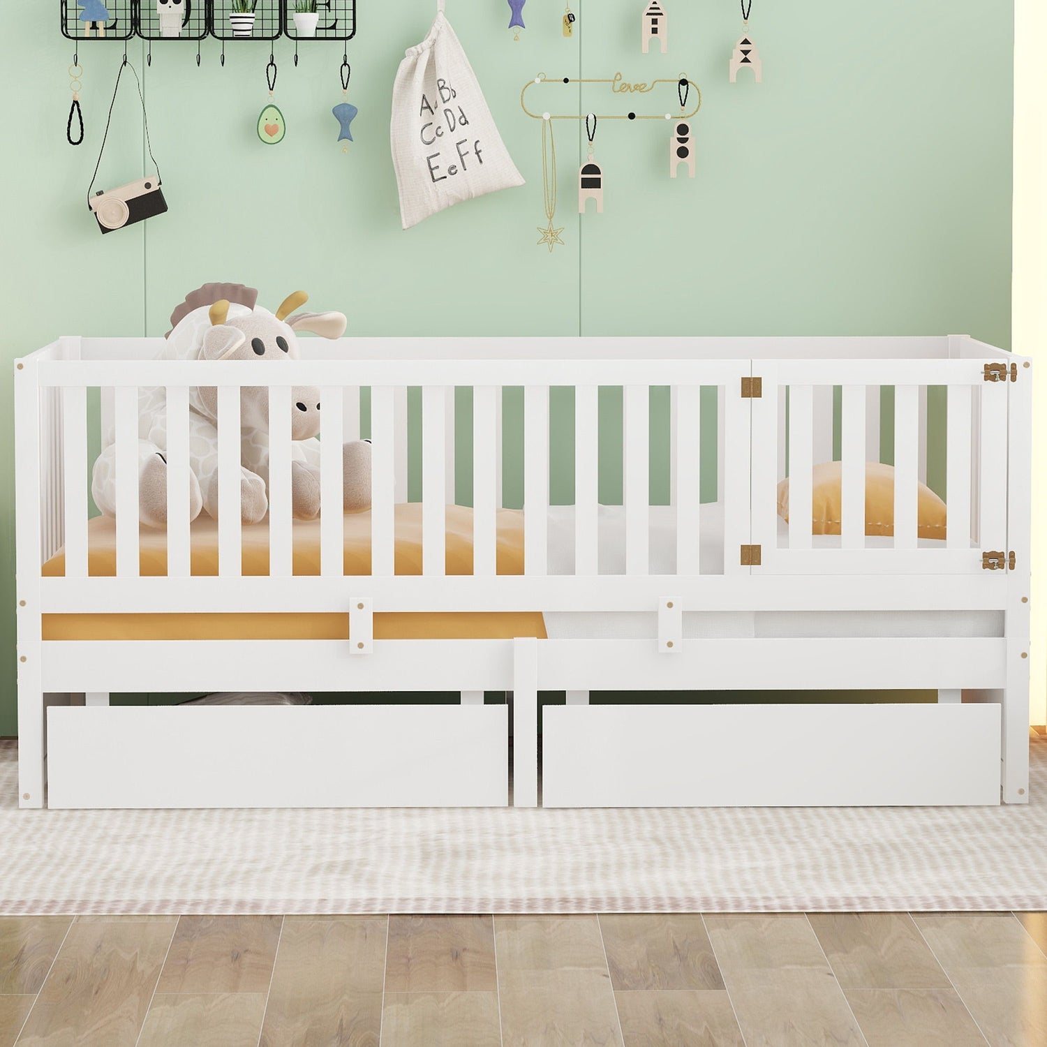 Daybed With Fence Guardrails And 2 Drawers, Split Into Independent Floor Bed &amp; Daybed