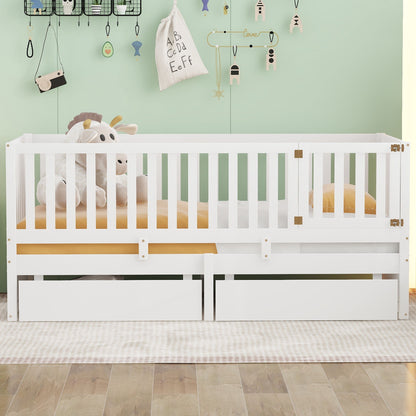Daybed With Fence Guardrails And 2 Drawers, Split Into Independent Floor Bed &amp; Daybed