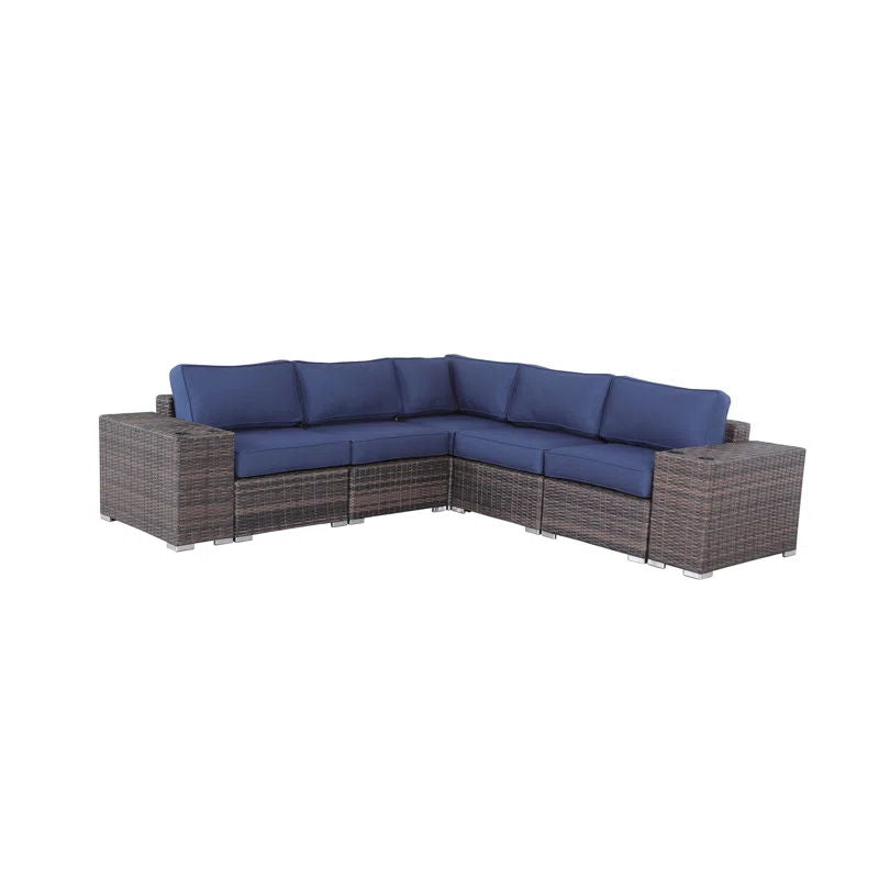 Rattan Wicker 4 Person Seating Group With Cushions Stylish &amp; Comfortable Outdoor Lounge Set - Brown / Navy Blue