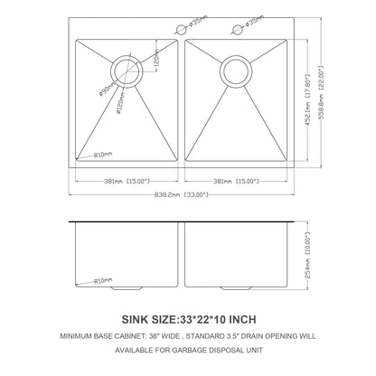Double Bowl Drop In Kitchen Sink 33&quot; X 22&quot; With 16 Gauge Stainless Steel And 2 10&quot; Deep Basins - Gunmetal Black