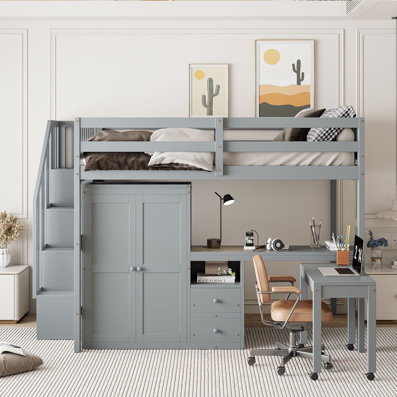 Loft Bed With Stairs, Bookshelf, Drawers, Desk &amp; Wardrobe, Space Saving Multifunctional Furniture