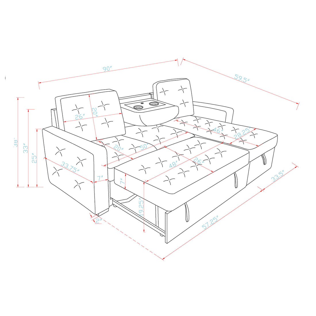 Gustavo - Sofa, Pull Out Bed, Storage Chaise, USB And Cup Holders - Beige