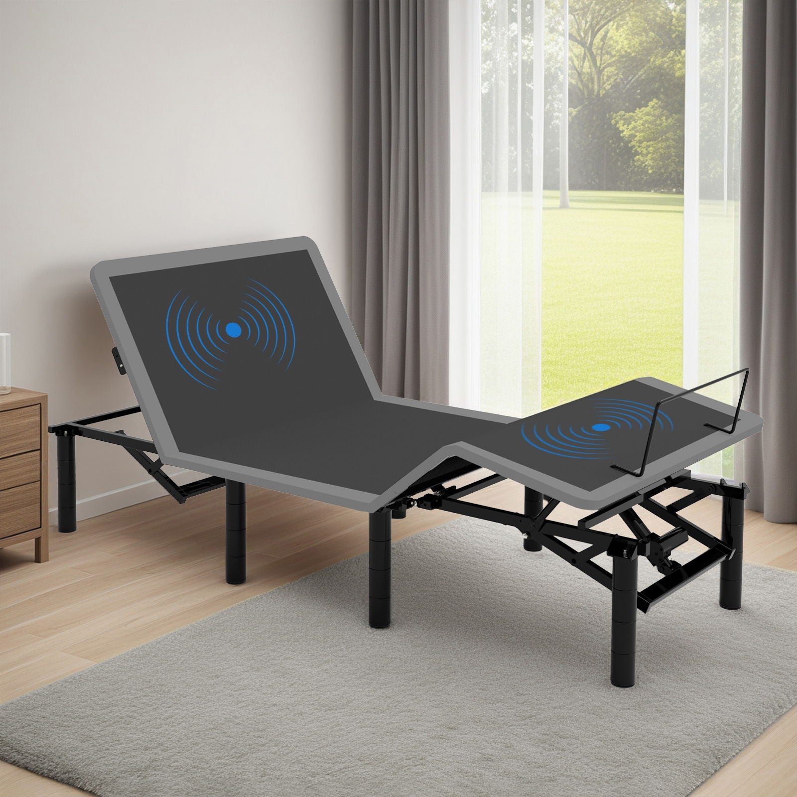 Adjustable Bed Frame With Massage Head &amp; Foot Incline, Wireless Remote, USB Ports, LED Night Light