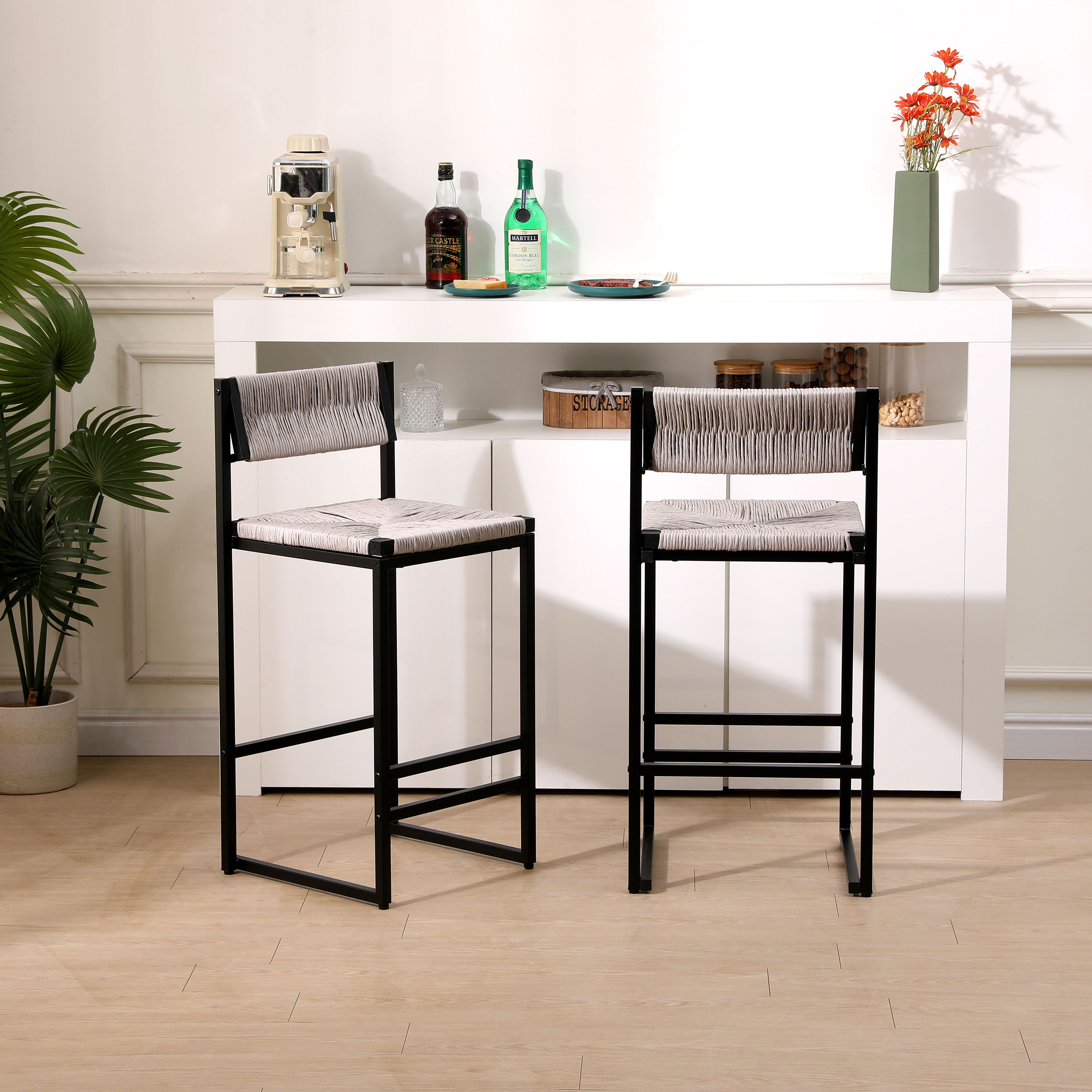 Bar Stools Paper Rope Weave Dining Chairs With Back Hand Weave Stools For Kichen Island, Bar &amp; Counter (Set of 2)