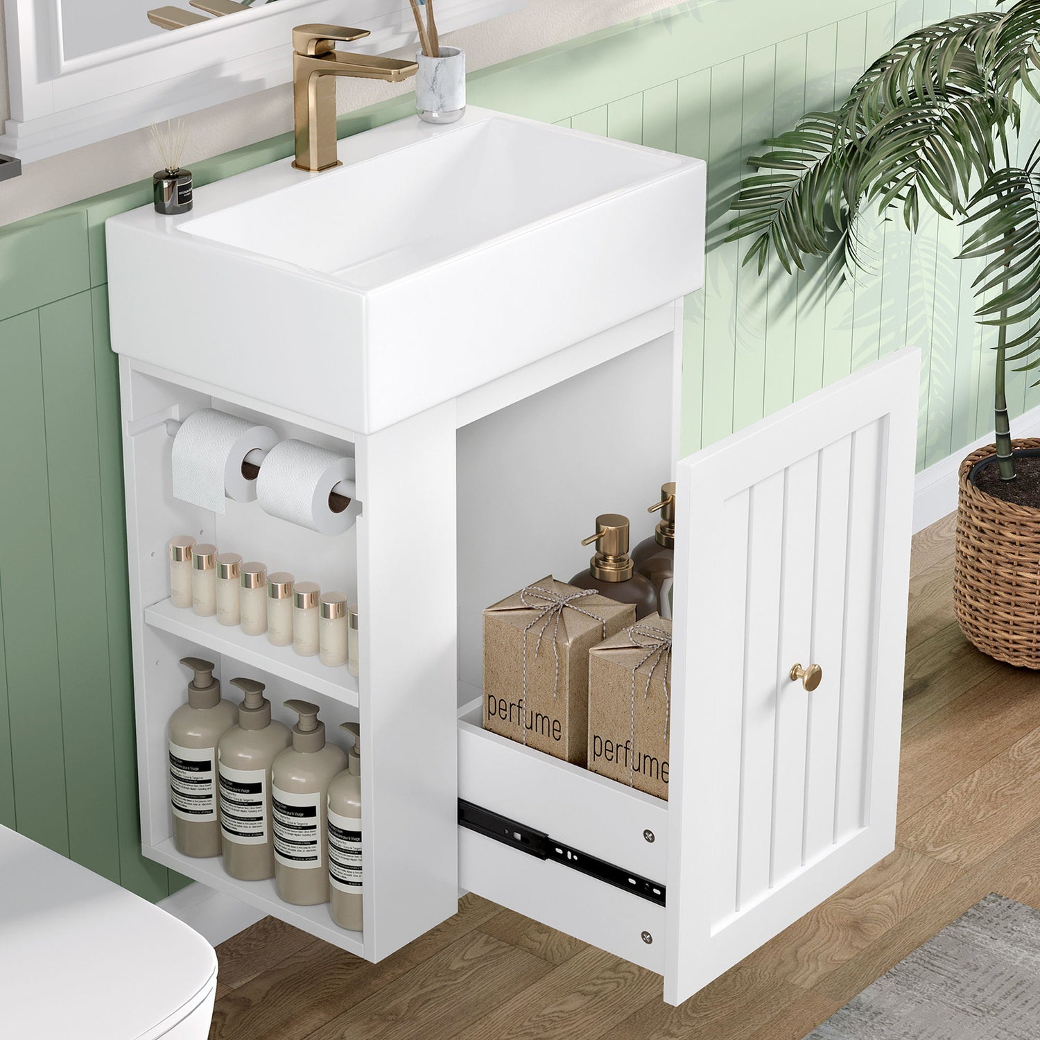 Modern Bathroom Vanity With Sink, Storage Cabinet, Drawer &amp; Side Shelf