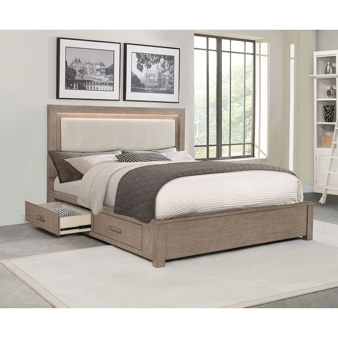 Gibbons - Barley California King LED Storage Bed With Upholstered Headboard And Built In Lighting - Brown