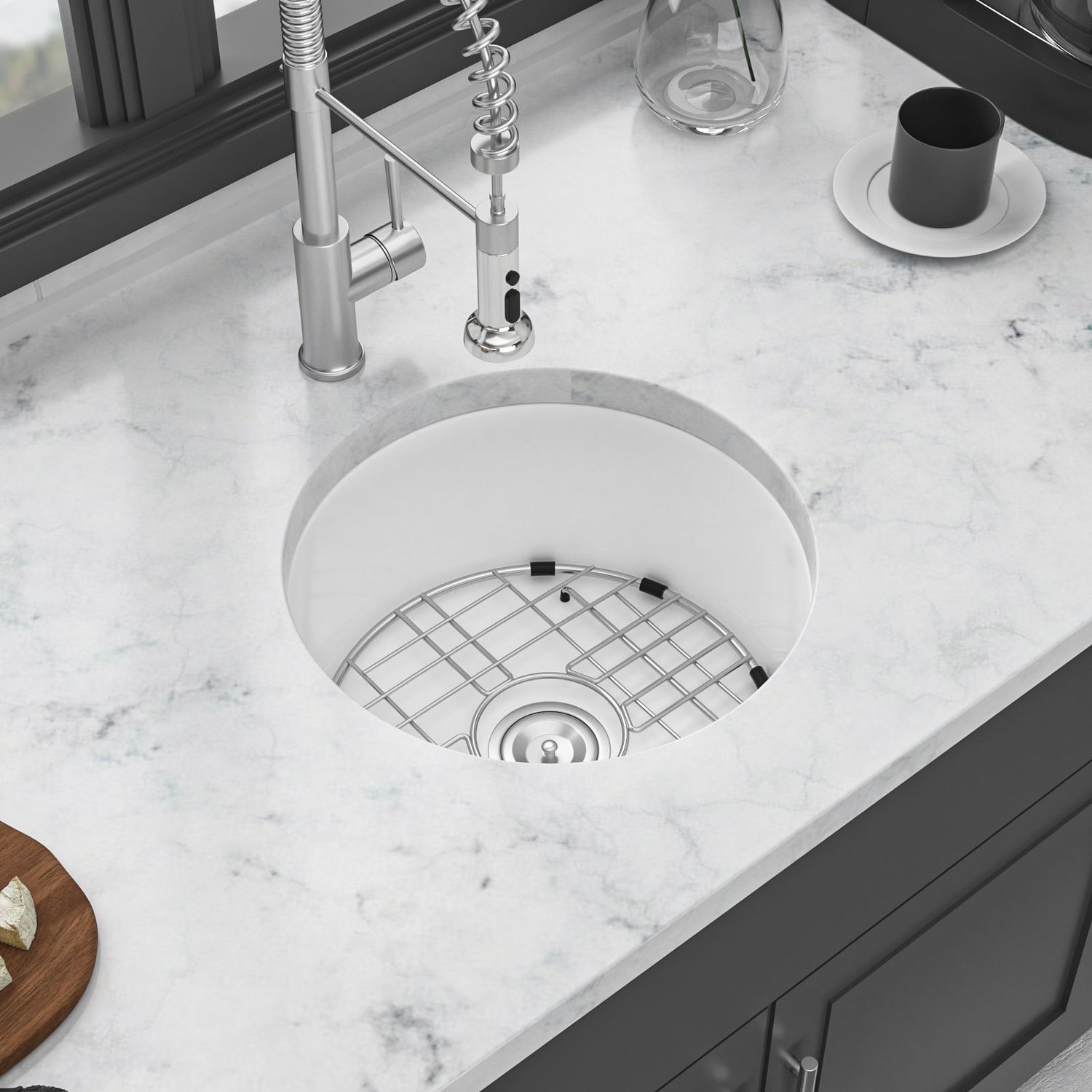 Ceramic Circular Kitchen Sink With Drain Assembly And Bottom Grid, 18&quot; Dual Mount - White