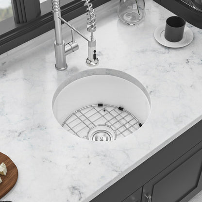 Ceramic Circular Kitchen Sink With Drain Assembly And Bottom Grid, 18&quot; Dual Mount - White