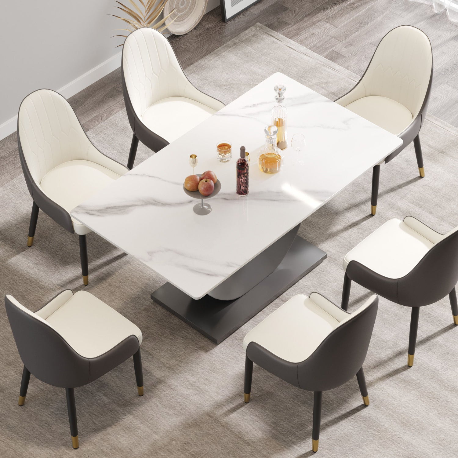 63&quot; Modern Artificial Stone Crescent-Shaped Metal Legs, Can Accommodate 6-8 People - White / Black