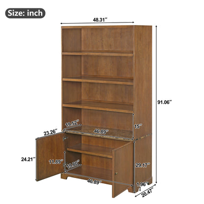 Tall Bookcase Storage Cabinet With 3 Open Shelves &amp; Fluted Double Doors