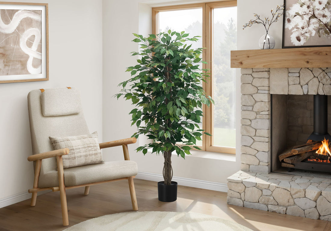 58&quot; Tall, Artificial Plant, Ficus Tree, Indoor, Faux, Fake, Floor, Greenery, Potted, Decorative - Green / Black