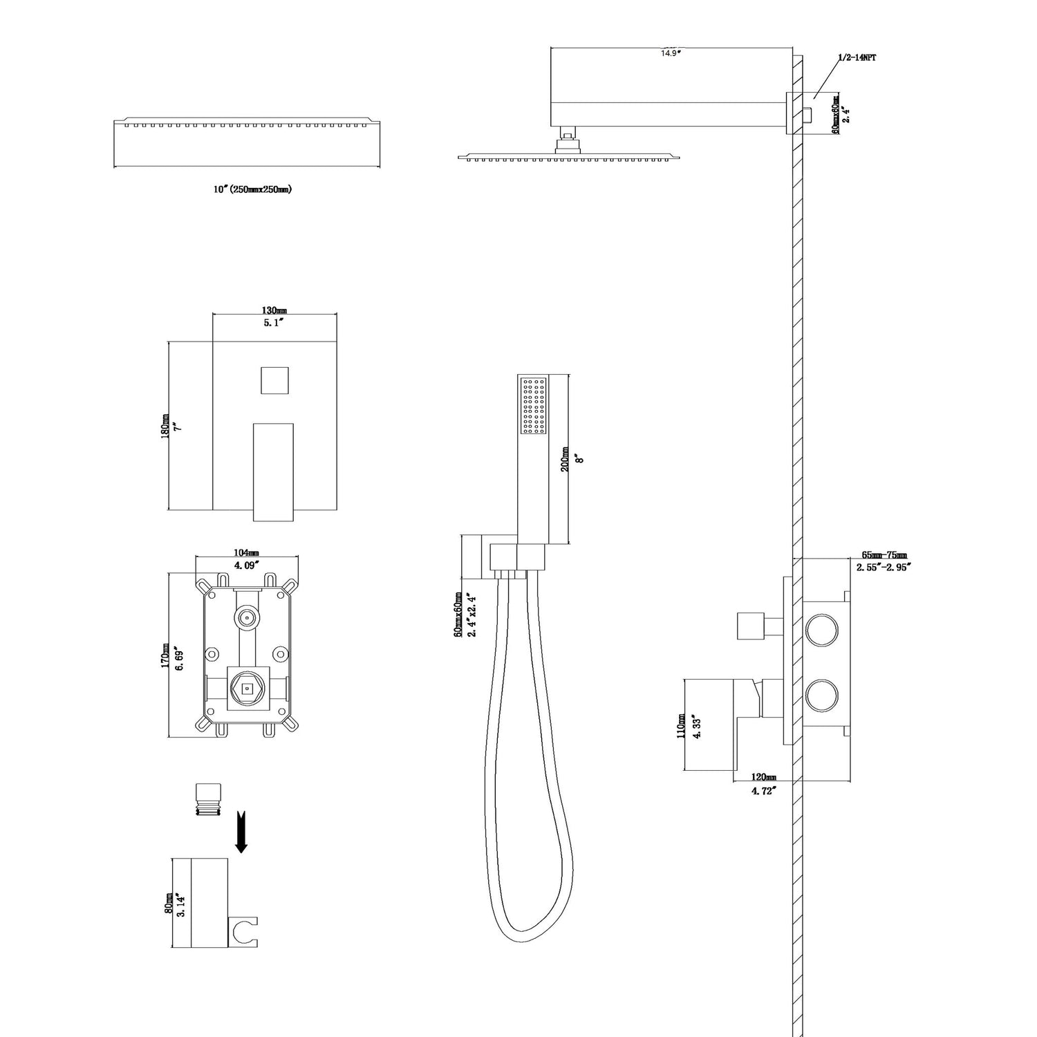 Dual Shower Head 10&quot; Wall Mounted Square Shower System