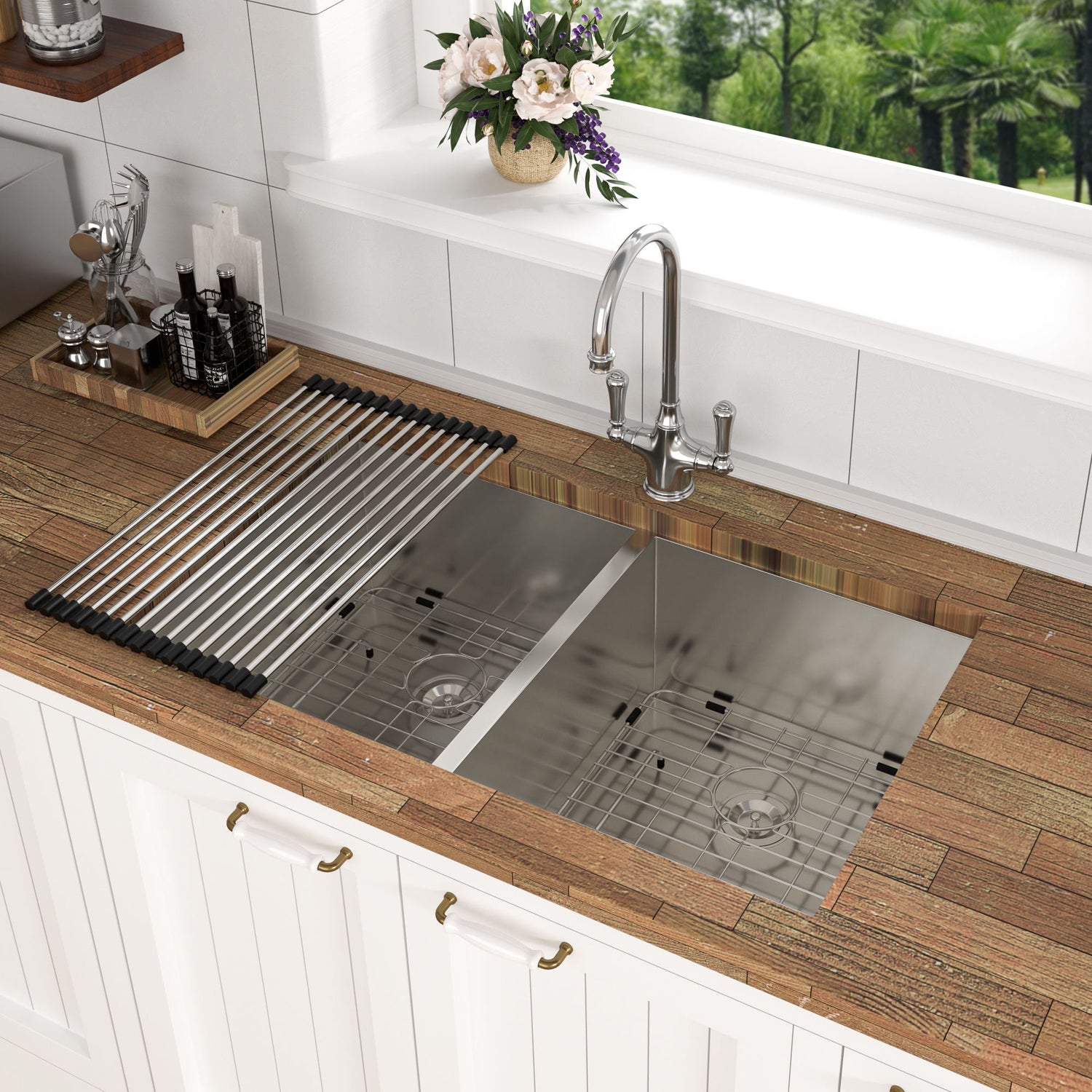 Undermount Double Bowl Kitchen Sink 16 Gauge With 9&quot; Deep Basin - Brushed Nickel