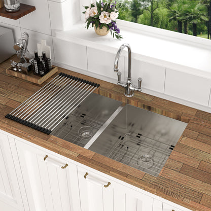 Undermount Double Bowl Kitchen Sink 16 Gauge With 9&quot; Deep Basin - Brushed Nickel