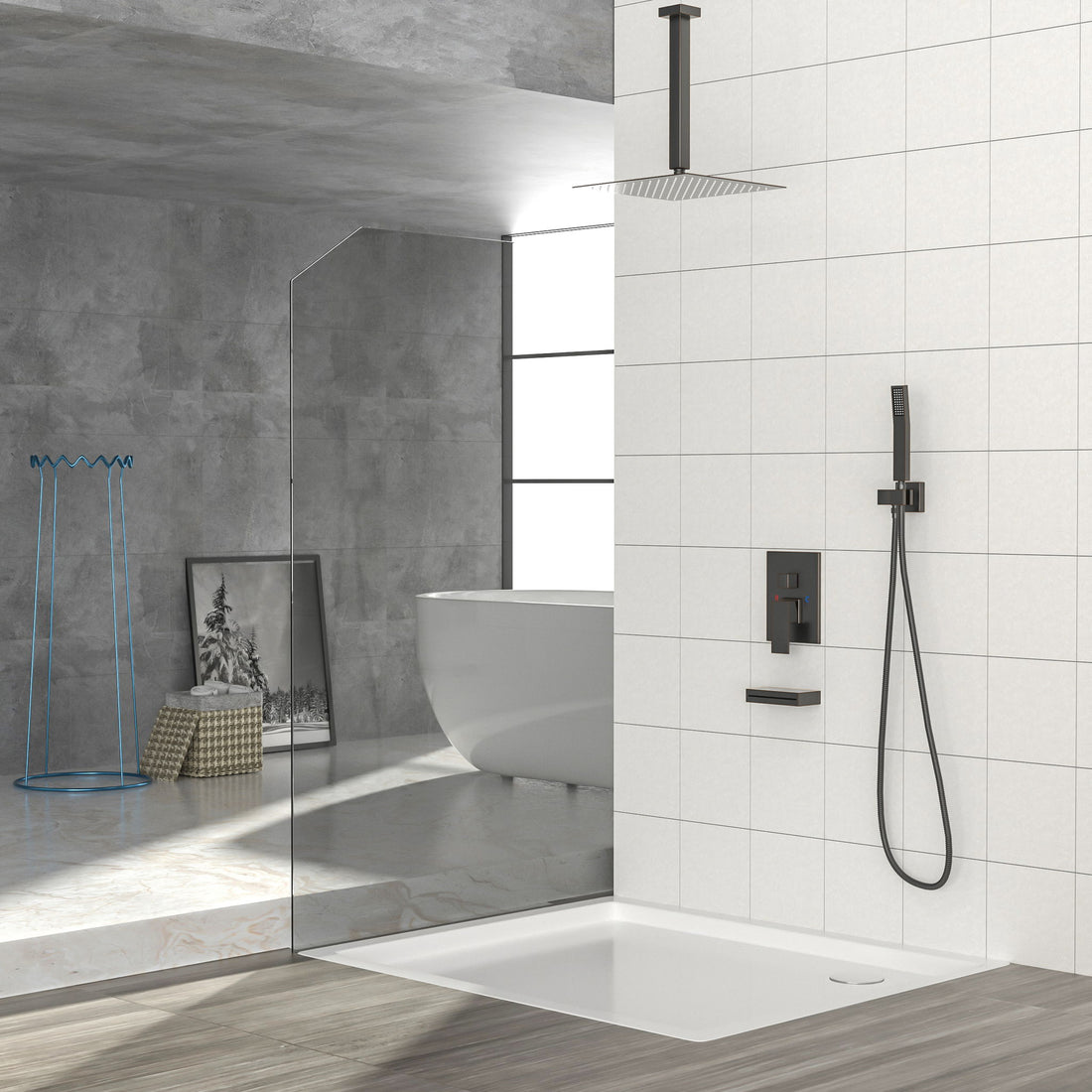Shower System With Waterfall Tub Spout And 12&quot; Ceiling Mount Square Shower Head - Oil-Rubbed Bronze