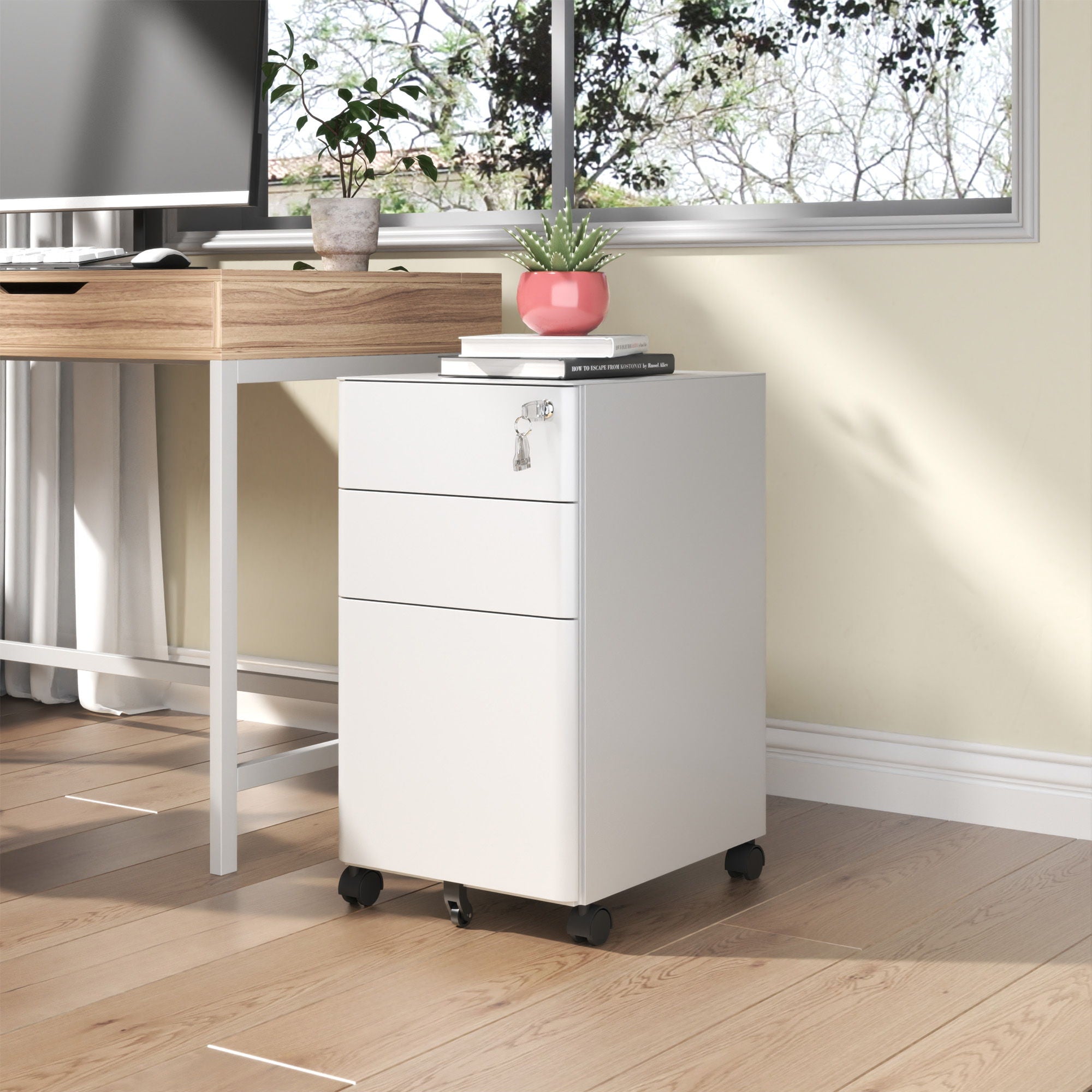 3-Drawer Mobile File Cabinet With Lock, On Wheels, Two Shallow &amp; One Deep Drawer For Office/Home, Fully Assembled - White
