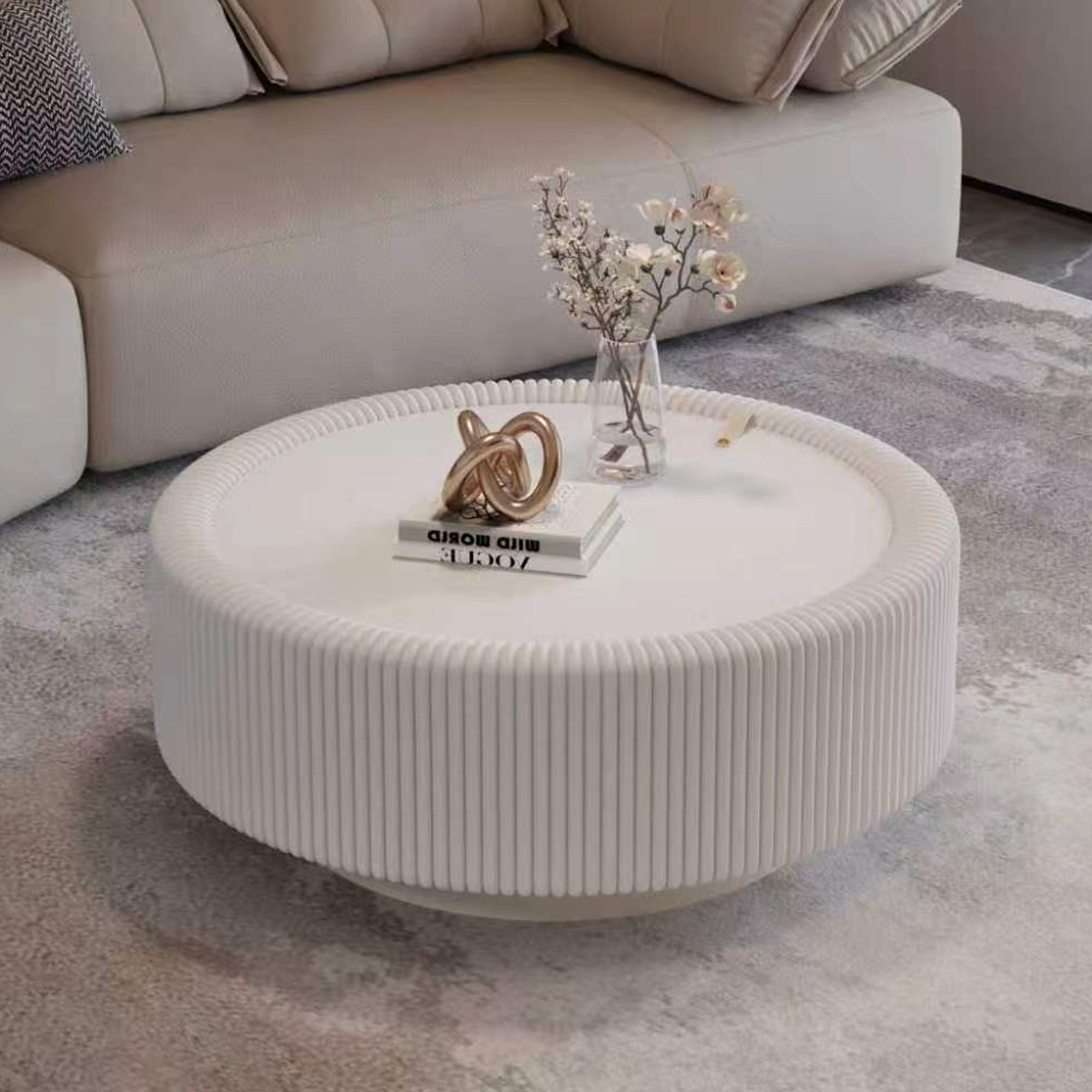 Round Fluted Coffee Table, Base &amp; Hidden Storage - Snow White