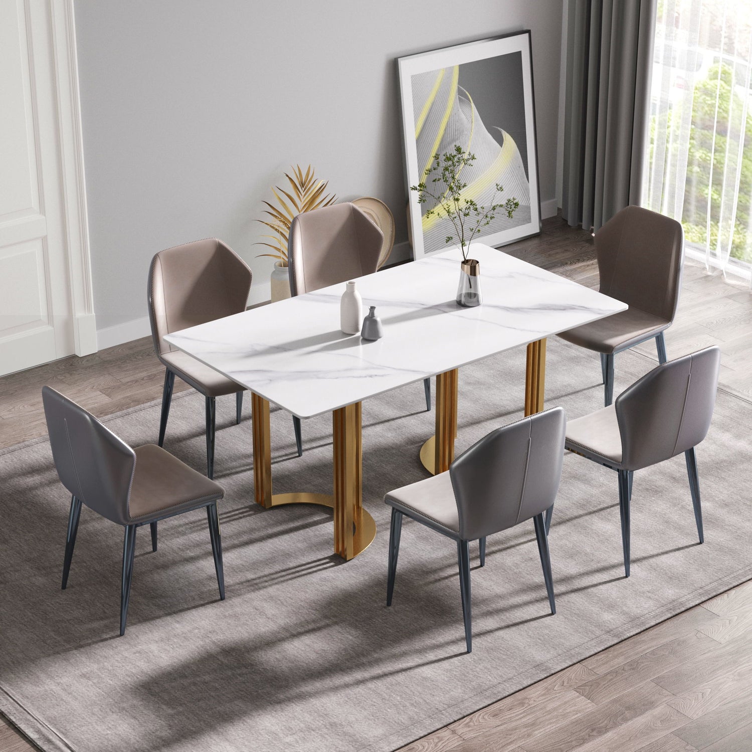 63&quot; Modern Artificial Stone Straight Edge Metal Leg Dining Table, 6 People - White / Gold