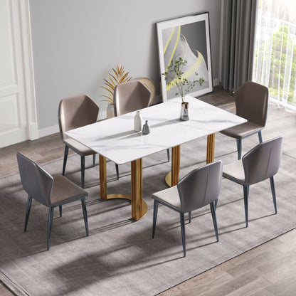 63&quot; Modern Artificial Stone Straight Edge Metal Leg Dining Table, 6 People - White / Gold