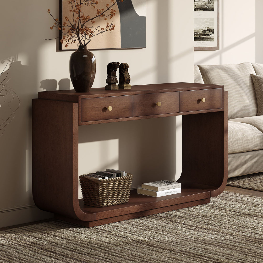Console Table With 3 Drawers, Display Shelf, Curved Legs - Walnut