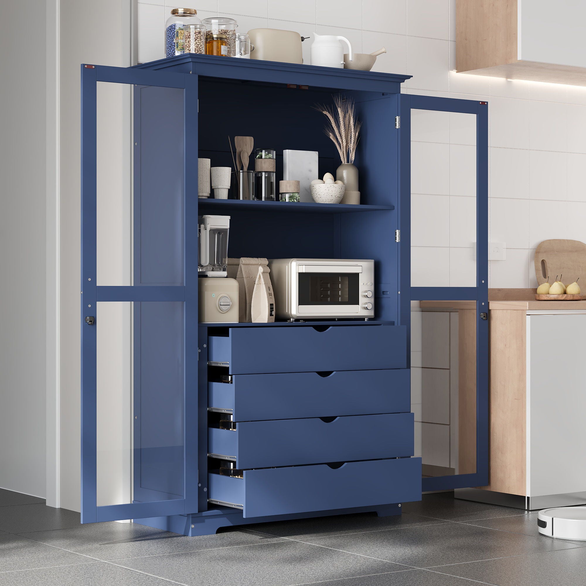 Kitchen Pantry, Freestanding Kitchen Storage Cabinet Display Cabinet With Glass Doors And 4 Built In Drawers For Living Room, Home Office - Blue