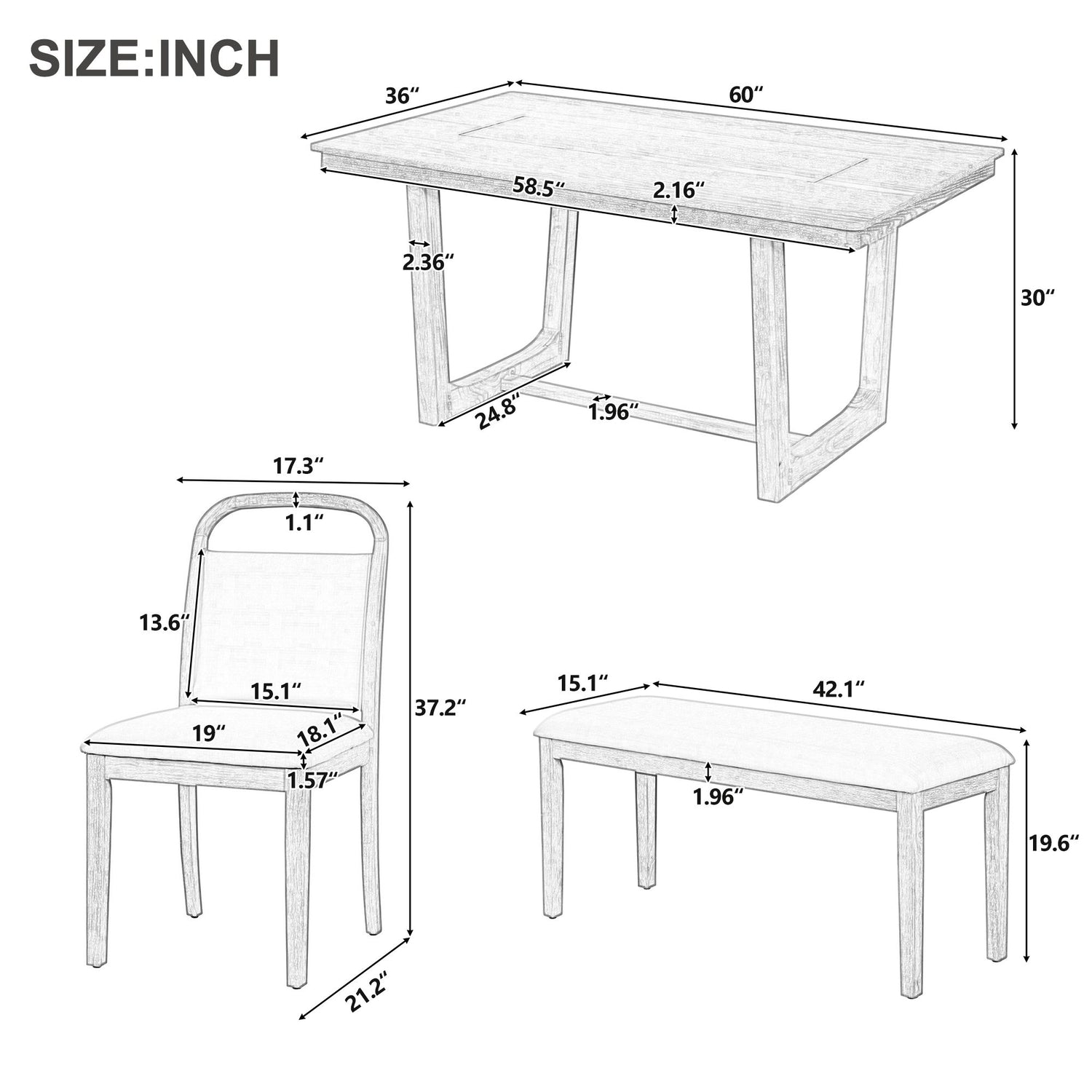 Farmhouse Dining Set With 4 Upholstered Chairs &amp; 1 Bench