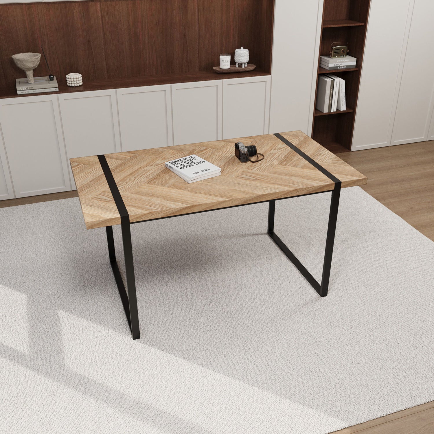 Modern Industrial Dining Table 59&quot; Rectangular Light Wood With Metal Legs For 4 - 6 People - Natural Wood