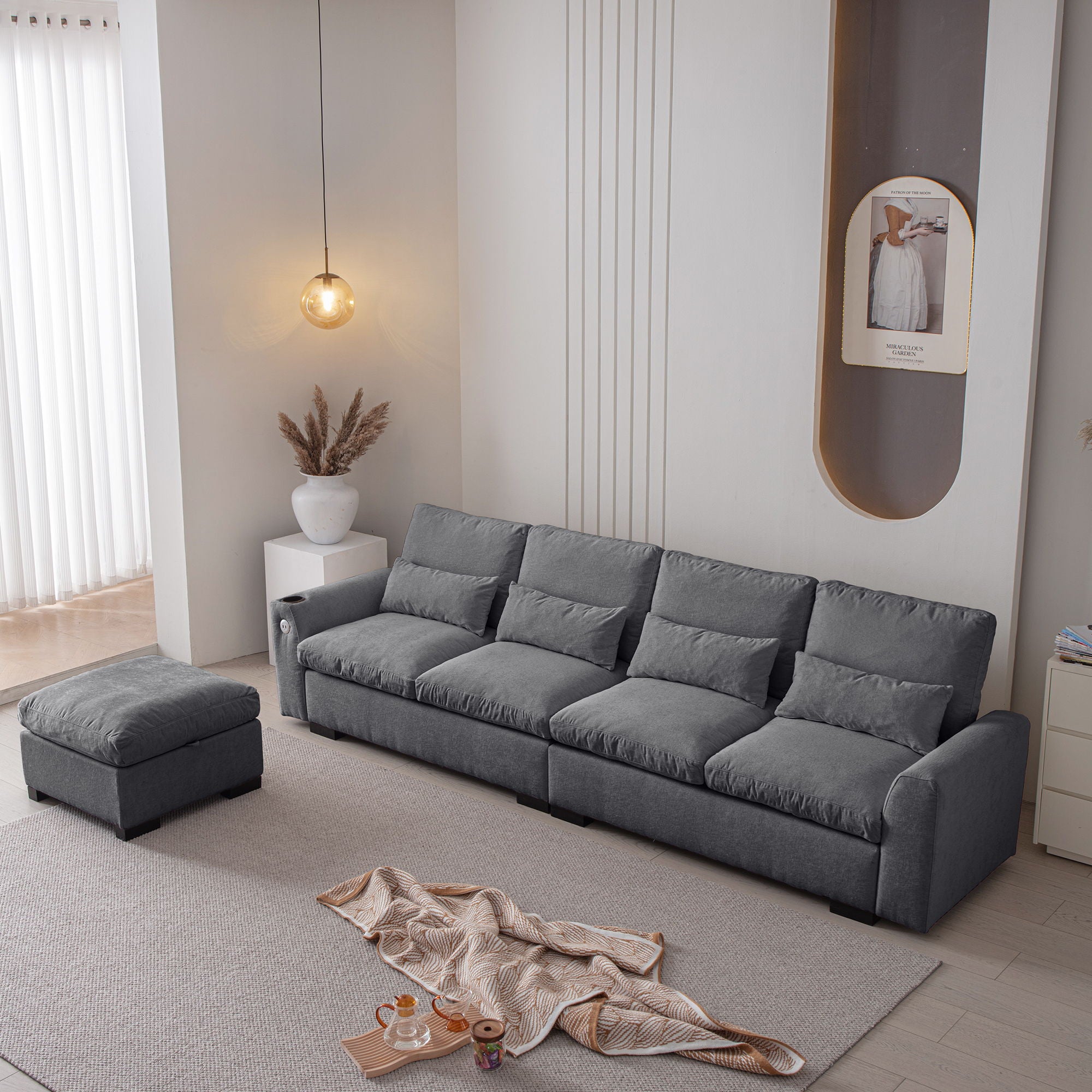 Modern Modular L Shaped Chenille Sofa Couch Reversible Ottoman With Storage Removable And Washable Cushions Sofa With USB Ports &amp; Cup Holder For Living Room