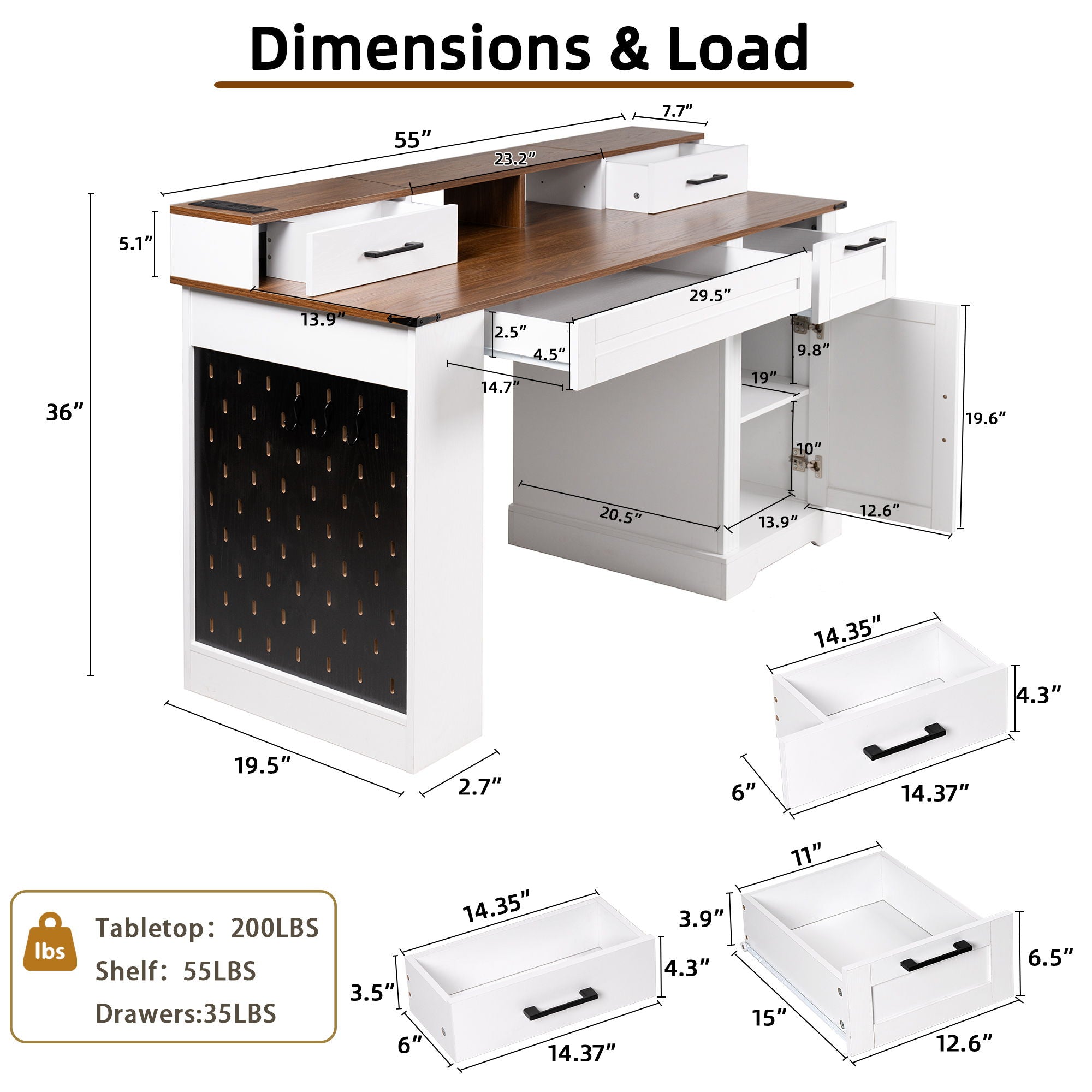 Office Desk With Storage Cabinet, Charging Station, Monitor Stand &amp; Pegboard