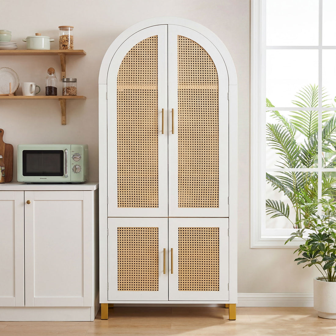 Tall Arched Cabinet With Rattan Doors &amp; Adjustable Shelves