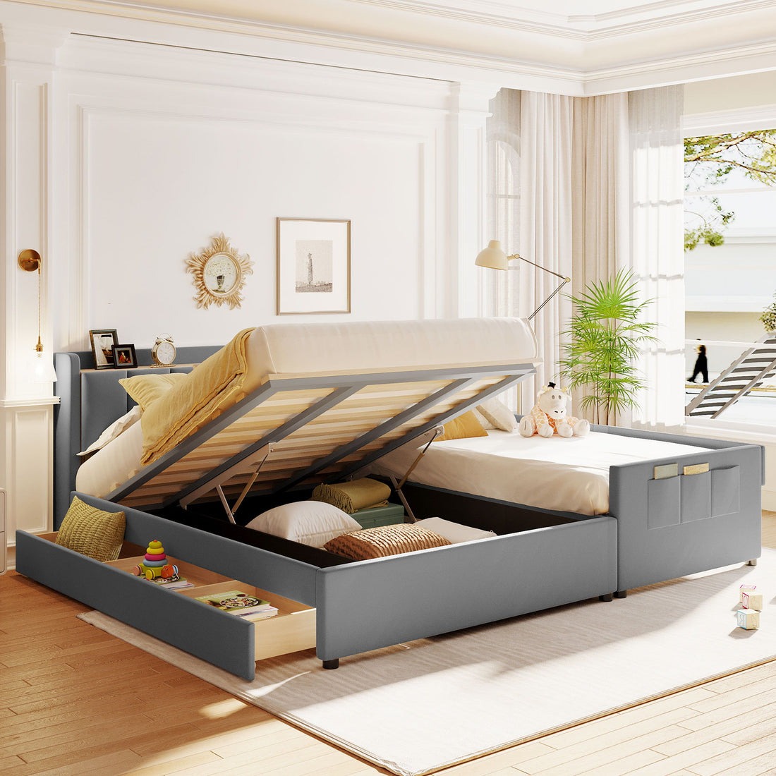Upholstered Mother &amp; Child Bed With Hydraulic Storage System, Drawer Box, Bedhead Storage Shelf And 2 Pairs Of Sockets &amp; USB Ports