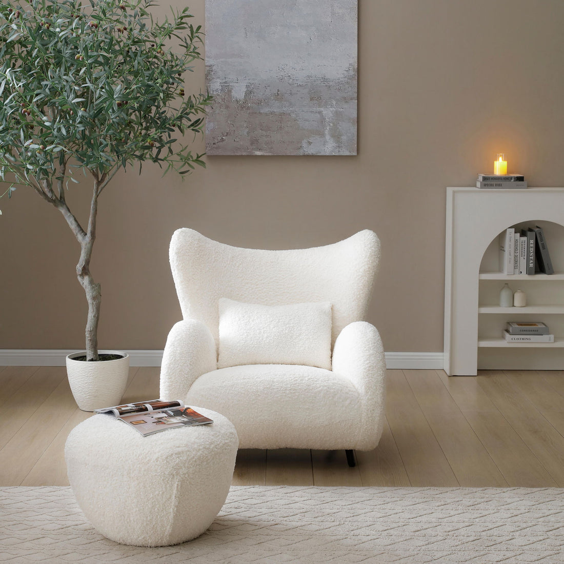 Wingback Armchair &amp; Ottoman Combo For Living Room - White