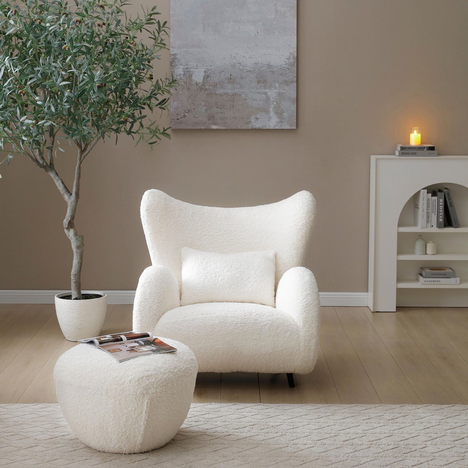 Wingback Armchair &amp; Ottoman Combo For Living Room - White
