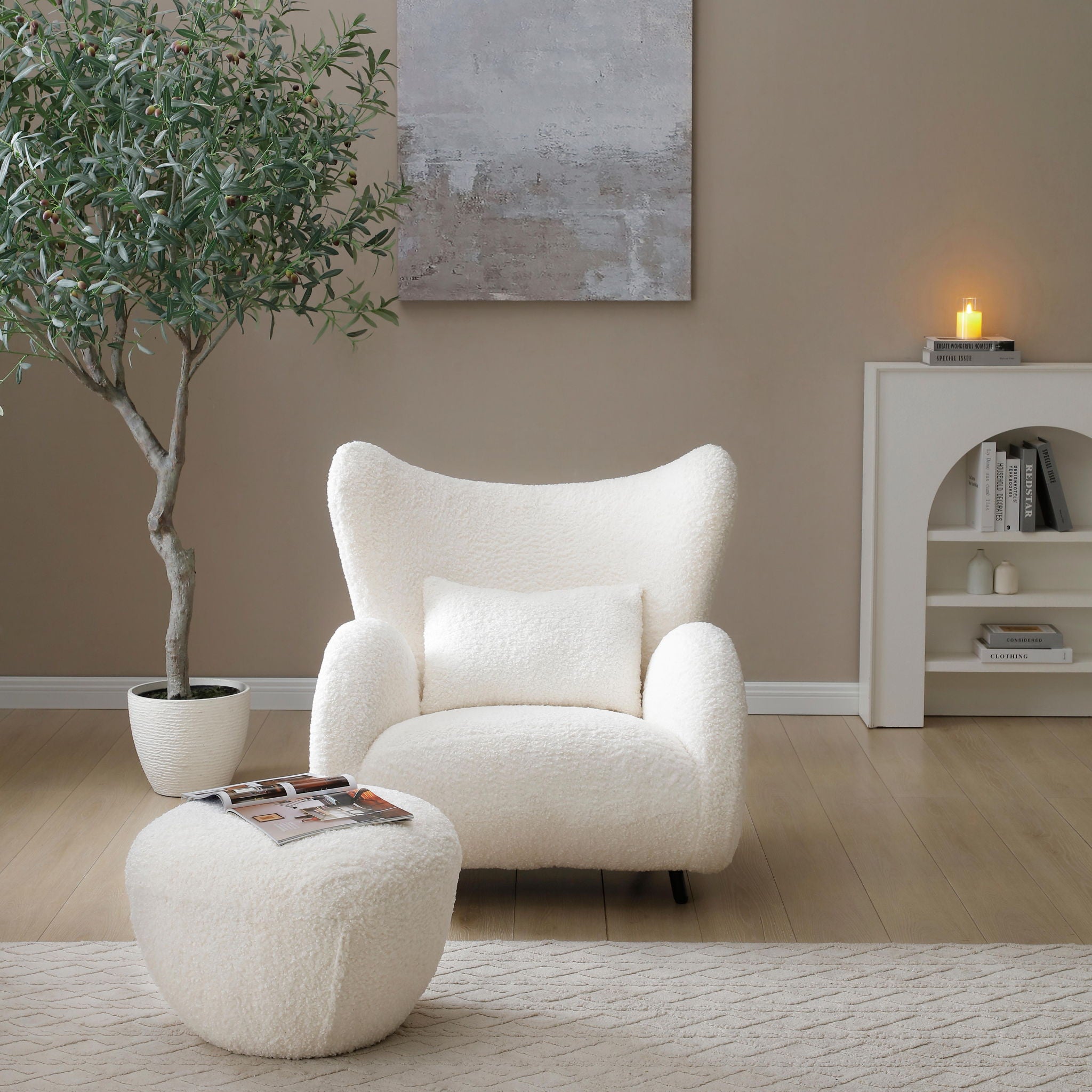 Wingback Armchair &amp; Ottoman Combo For Living Room - White