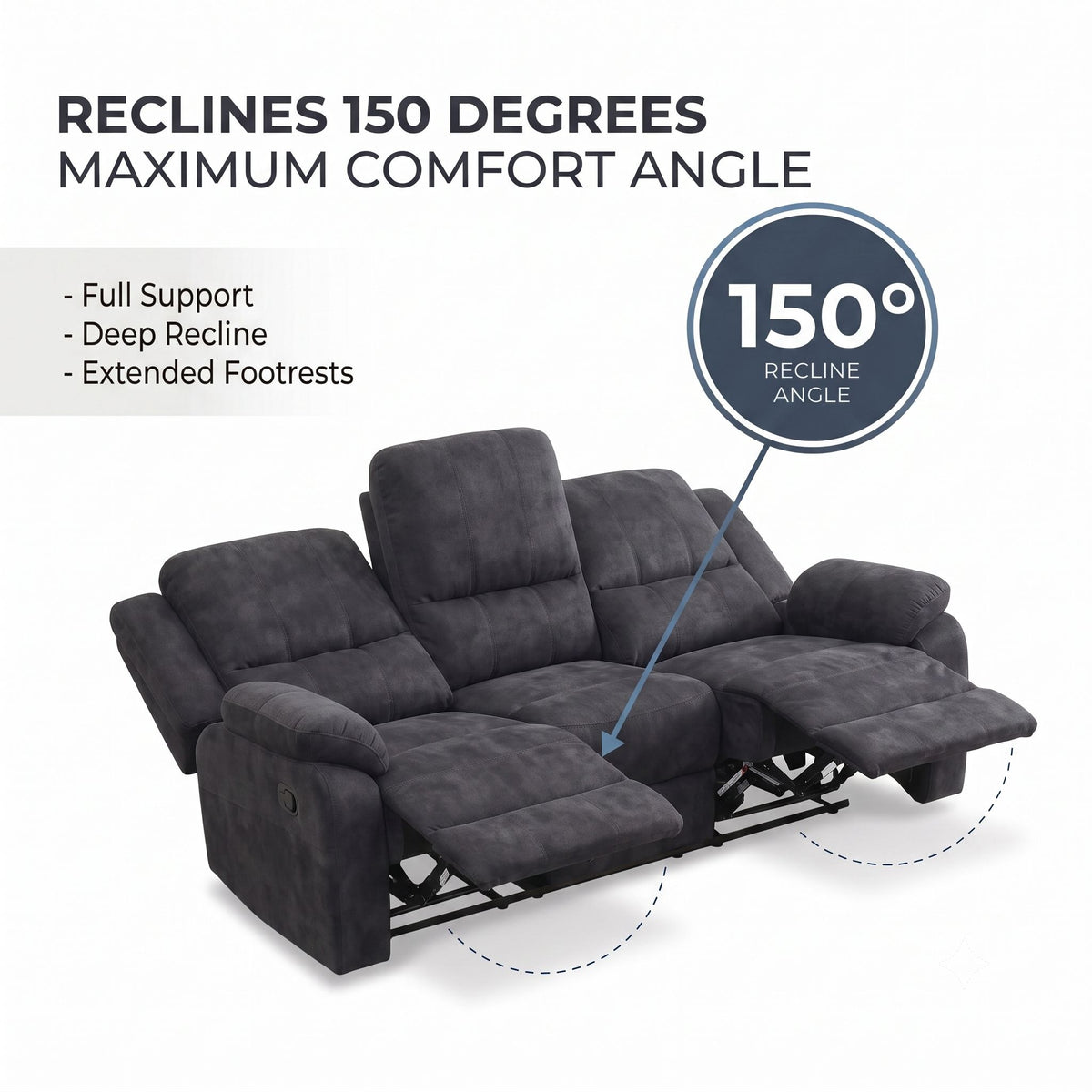 3 Seater Manual Recliner Sofa With 150° Recline, 2 Adjustable Side Seats, Extended Footrest, Oversized Seating For Living Room - Dark Gray