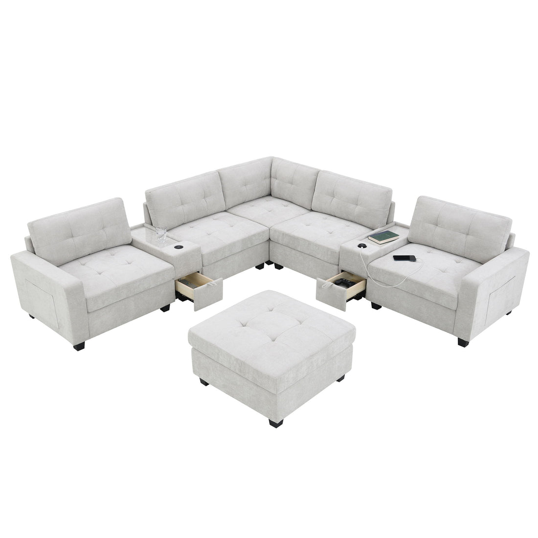 Sectional With Acrylic Table Top U Shaped Couch Set With 2 Consoles USB Charger, Storage Drawers And Pockets Movable Ottoman Tufted Sofa